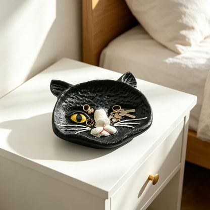 Womeet Black Cat Face Cast Iron Trinket Dish, Gothic Kitten Jewelry Tray, Small Decorative Cat Ring Holder for Earrings Necklings Rings, Halloween Home Decor Storage Dish for Vanity Countertop