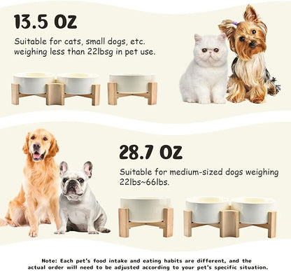 SPUNKYJUNKY 15° Slanted Ceramic Dog and Cat Bowl with Wooden Stand, Tilted Bulldog Food and Water Bowl No Slip Non-Spill for Cats Medium Dogs Big Face Pets 13.5 OZ (1.7 Cups, Beige × 2)