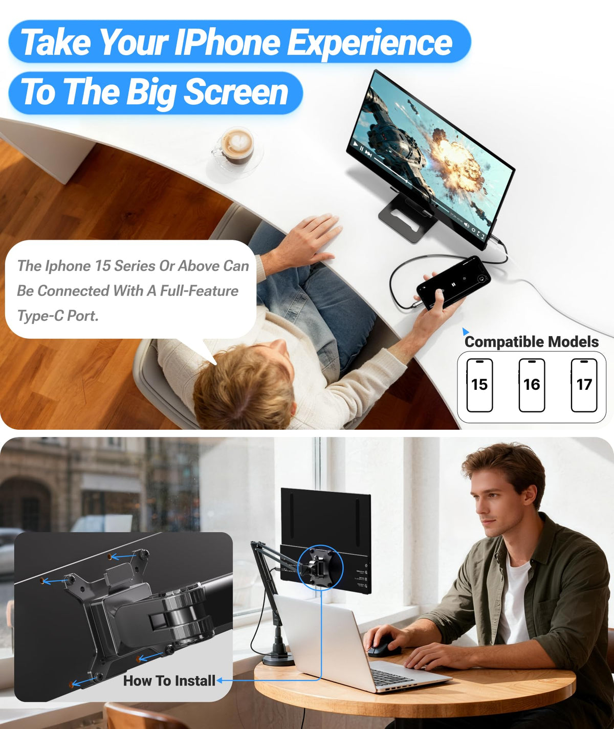 Ingnok Portable Monitor, Ultra Slim 15.6 Inch FHD IPS Laptop Screen Extender with Adjustable Stand, USB C Compatible, Ideal for Travel and Office