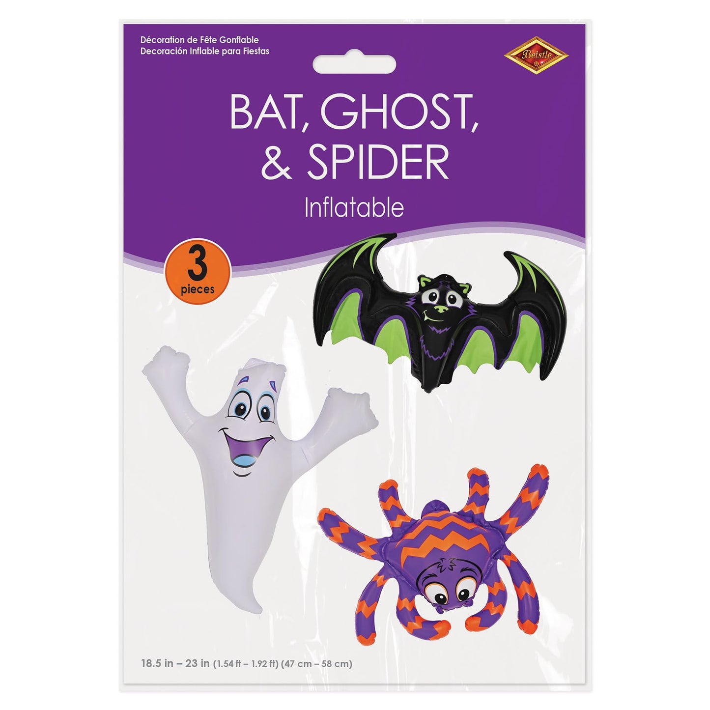Beistle 3 Piece 18.5"-23" Hanging Inflatable Bat, Ghost, & Spider, Halloween Party Decorations, Indoor Outdoor Blow Up Décor