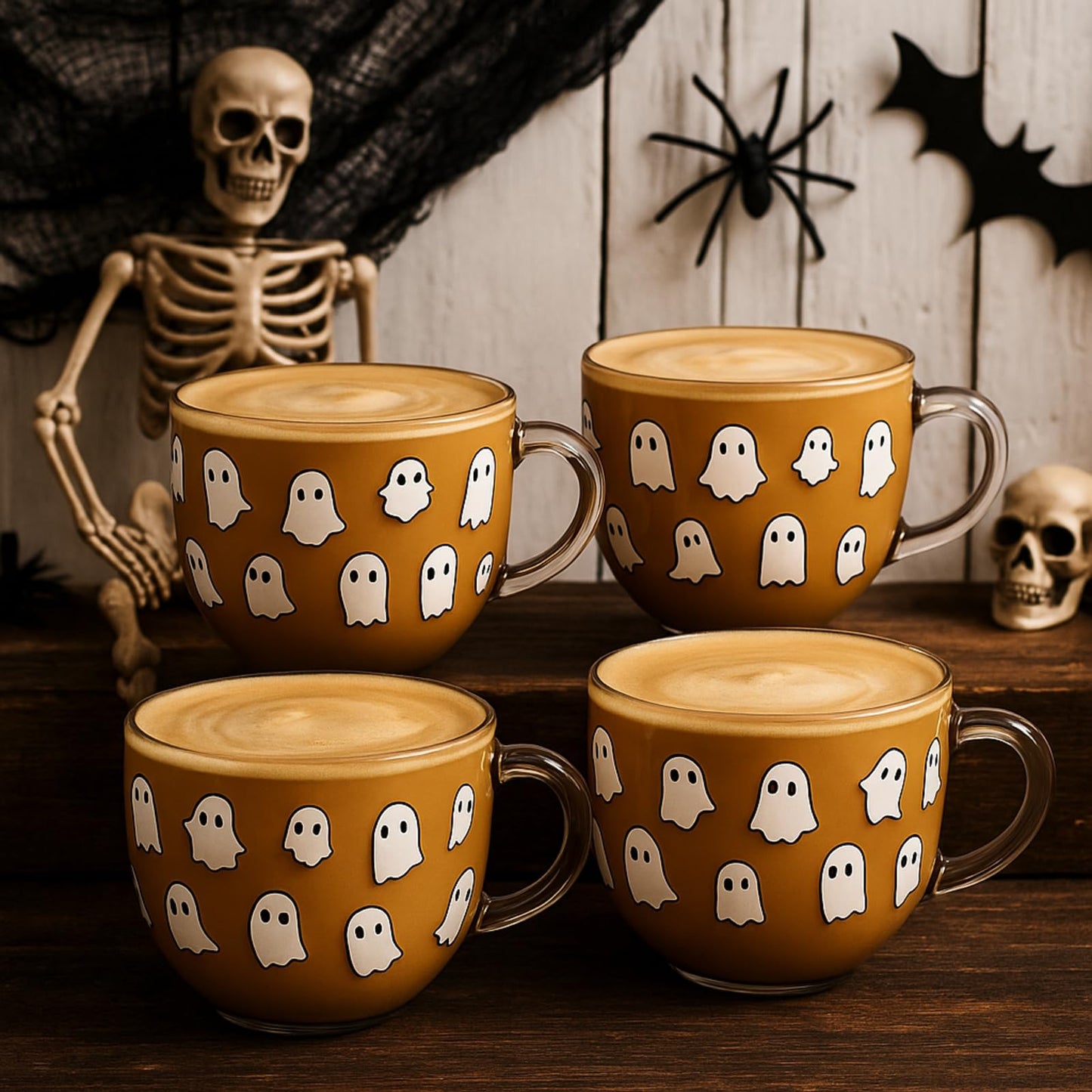 Sliner 6 Pcs Halloween Glass Coffee Mugs with Handle, 16 oz Clear Irish Coffee Mugs Halloween Ghost Footed Irish Glasses Cups for Beverages Latte Hot Chocolate(Ghost)