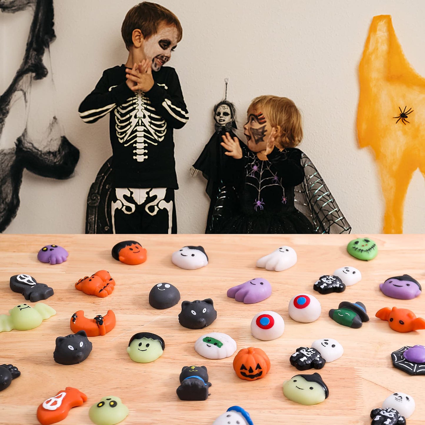 50Pack Halloween Goodie Bag Fillers Mochi Squishy Toys, Party Favors for Kids, Kawaii Squishies Fidget Toys, Stress Relief Toy Trick or Treat Stuffers Classroom Rewards Carnival Prize