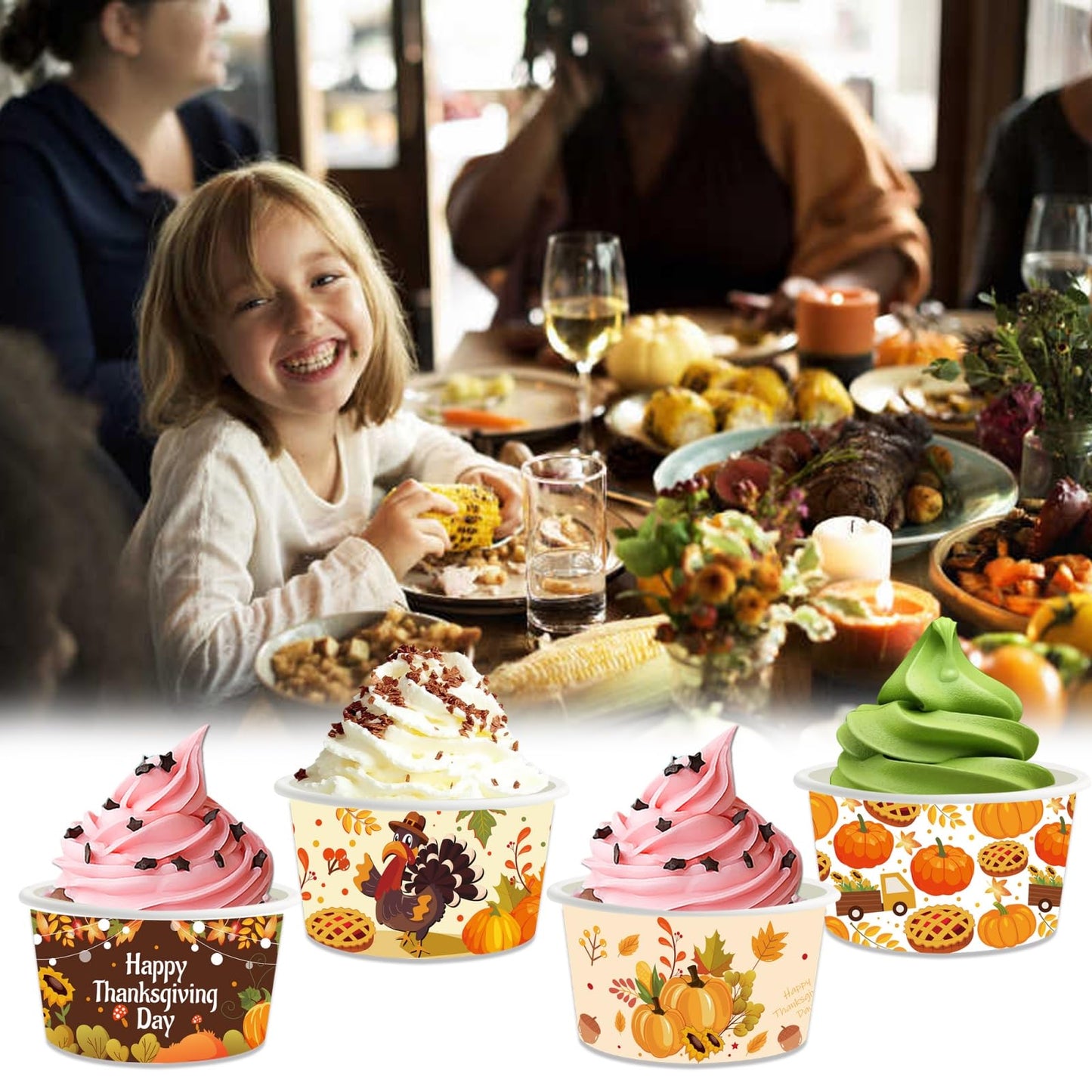 YVAINE 24pcs Thanksgiving Party Treat Snack Cups, Happy Thanksgiving Day Party Disposable Dessert Ice Cream Bowls Turkey Pumpkin Paper Dessert Soup Cup for give Thanks Party Supplies