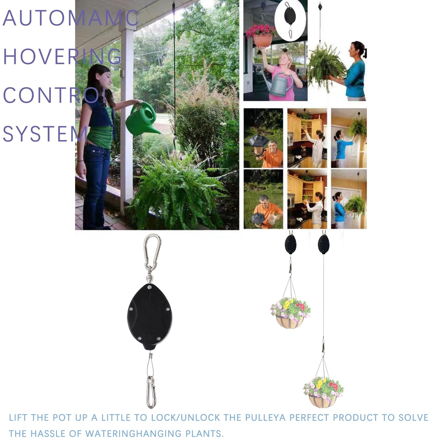 uncakil 2024 Plant Pulleys for Hanging Plants Heavy Duty,Upgraded Retractable Plant Hanger,Auto Raise and Pull Down,Outdoor Plant Pulley Set for Garden Baskets Pots,Birds Feeder(2*Black)