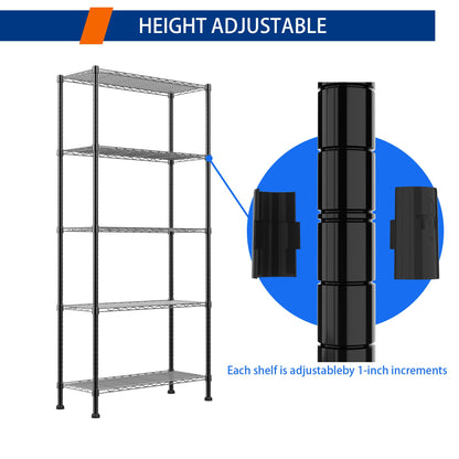 REGILLER 5-Wire Shelving Metal Storage Rack Adjustable Shelves,Standing Storage Shelf Units for Laundry Bathroom Kitchen Pantry Closet(Black,11.8" D x 16.6" W x 53.5" H)