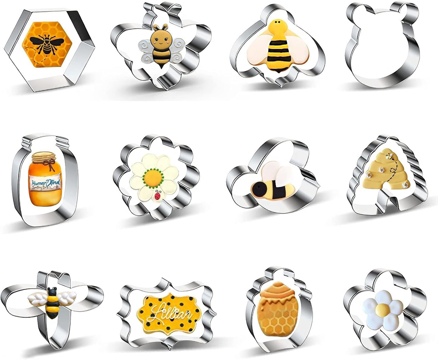 Bee Cookie Cutters Set Small Mini - 3 Inch - 12 Pieces Stainless Steel Biscuit Mold Cutter with Bee, Hexagon Honeycomb, Beehive, Flower, Honey Jar, Plaque Frame, Cartoon Bear Head Shapes Cookie Cutter