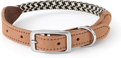 Mile High Life Genuine Leather Dog Collar, Durable Braided Cotton Rope Collar with Metal Pin Buckle for Small Medium Large Dogs (Black Khaki, S Neck 11"-15")