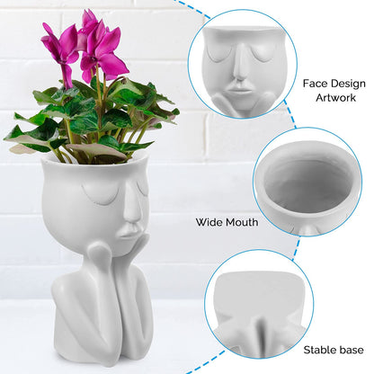 YingYi Resin Head Planter Face Flower Pot 6 inch Tiny Human Shaped Flower Vases Succulents Pots Desktop Decoration for Home Office Indoor Outdoor Gardening Ornament