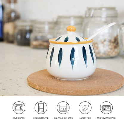 mehrido Porcelain Sugar Bowl with Lid and Spoon, 12 Ounce Ceramic Sugar Jars for Kitchen and Home, Farmhouse Sugar Container for Coffee Bar, Sugar Container Dishwasher Safe