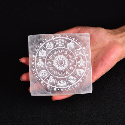 JIC Gem 4" Square Selenite Charging Plate 12 Star Engraved Selenite Slab Healing Crystal Charging Station