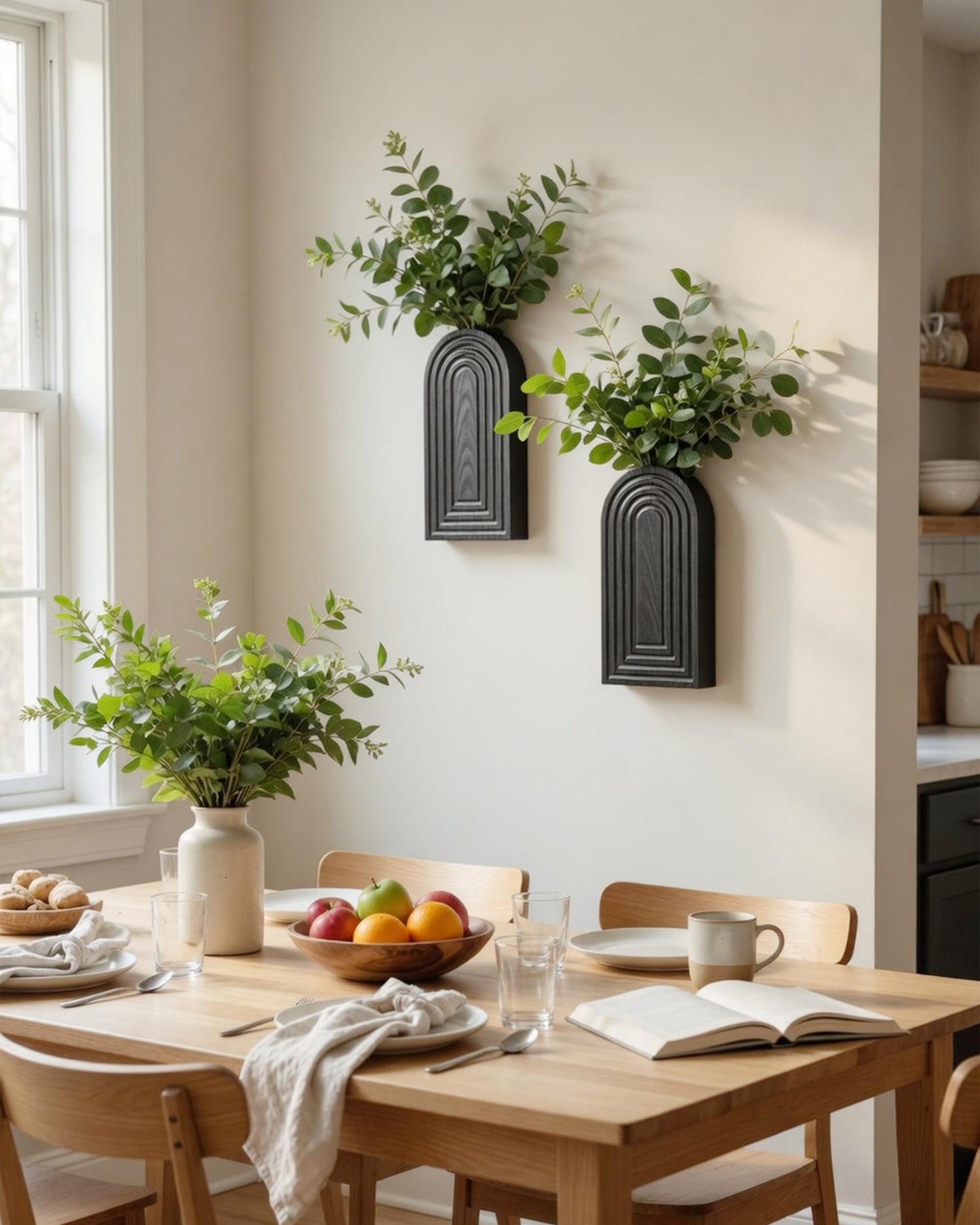 2 Pack Wooden Wall Vase Set - Boho & Modern Farmhouse Wall Decor, Hanging Planter for Indoor Plants & Flowers, Wood Mounted Art for Living Room, Bathroom, Hallway, Home Decor (Black, Medium)