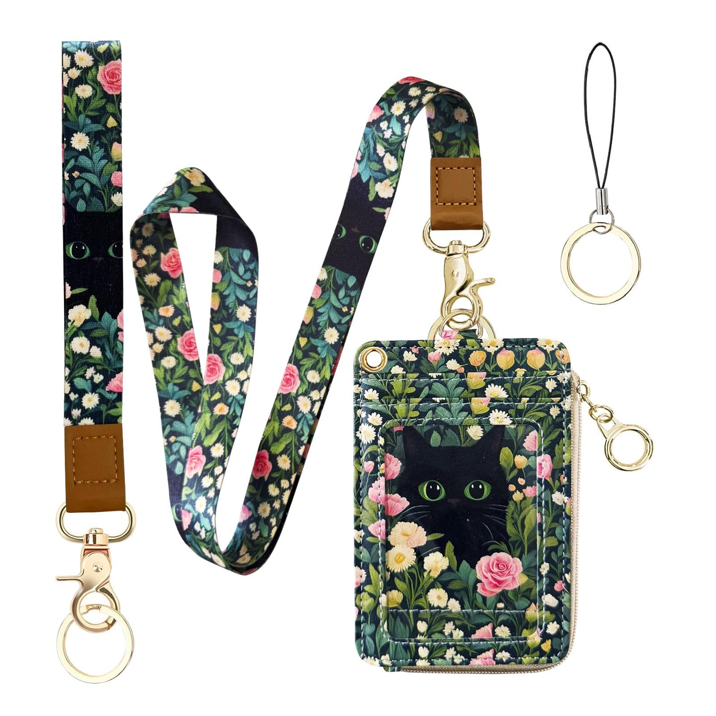 2-in-1 ID Badge Holder & Lanyard Wallet Cute Women Leather Zip ID Case Wallet with Breakaway Wrist Neck Lanyard, Clear Window, 5 Card Slots, Ring Keychain for Worker Teacher Floral Halloween Black Cat