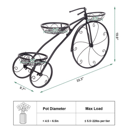 unho Tricycle Iron Planter Stand: 3 Potted Bicycle Shape Plant Flower Pot Rack Metal Display Shelf Holder for Patio Garden Indoor Outdoor