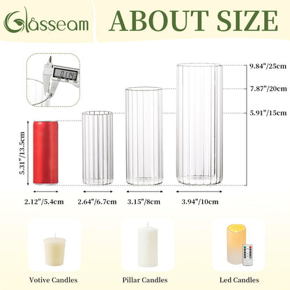 Glasseam Ribbed Glass Candle Holder, Cylinder Candle Holders for Pillar Candles, Clear Hurricane Candle Holder Set of 6, Decorative Floating Candle Vases for Centerpieces Wedding Table Decorations