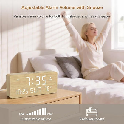 DreamSky Wooden Digital Alarm Clocks for Bedrooms with Date & Day of Week | Living Room Desk Clock, Temperature, USB Port, Dimmer Wheel, Adjustable Volume, Auto DST, Office Wood Decor (Plug-in)