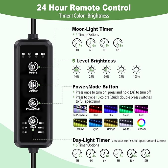hygger LED Aquarium Light with Timer, 40W Full Spectrum Fish Tank Plant Growth Lamp, 24 H Remote Control, Adjustable Brightness & 10 Colors, Extendable Bracket, Power-Off Memory, Fits 36-48 Inch Tank