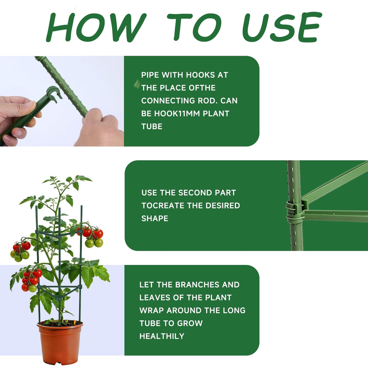 100pcs Garden Stakes Arms for Tomato Cage, Plant Trellis Connectors, Attach 0.43 Inch Dia Tomato Stakes and Plant Stick Supports, 11.8in Plastic Connecting Rod (11mm, No Stake)