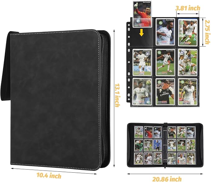 GERMUN 3 Ring 9 Pocket Zipper Card Binder, 720 Double Sided Standard PU Trading Card Album Folder for TCG & Sports Cards, Not Fit Top Loaders (Marble Black)