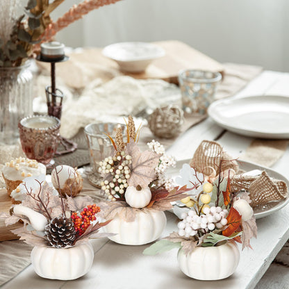 Wavwavw 3 Pcs 9 Inch Fall Artificial Pumpkins Fake Pumpkin Centerpiece Decor Cozy Maple Leaves Styles Farmhouse Neutral Fall Decor Autumn Rustic Thanksgiving Decoration for Home(White)