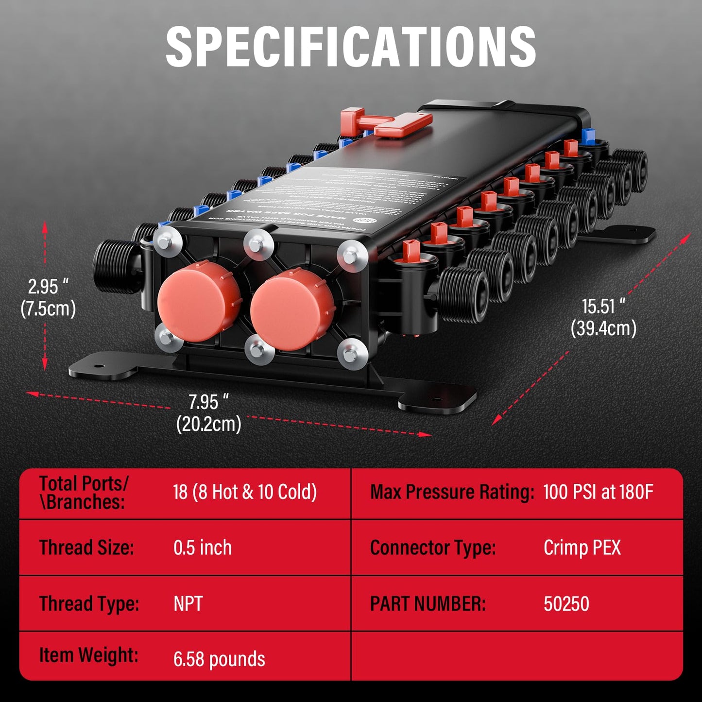 50250 18-Port PEX Manifold | Compatible with viega manabloc | 10 Cold 8 Hot Homerun Water Manifold | 3/4" Inlet 1/2" Zero Lead Alloy PEX Crimp | Quiet Flow & Corrosion Resistant Design