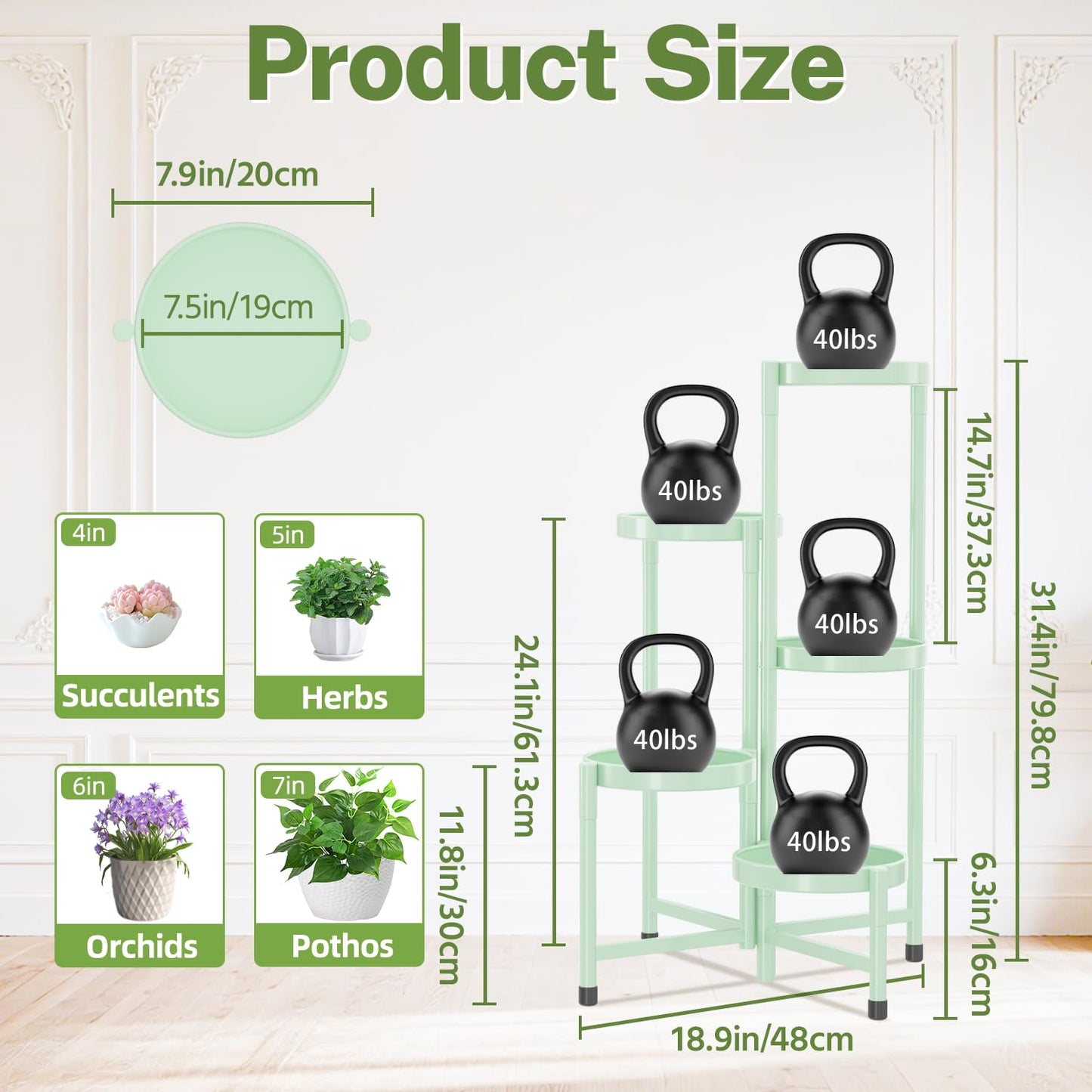 iDavosic.ly Plant Stand Indoor Outdoor, 5 Tier Corner Metal Flower Display Holder Shelf, Folding Tall Orchid Rack for Patio Balcony Porch Garden Living Room House, Light Green