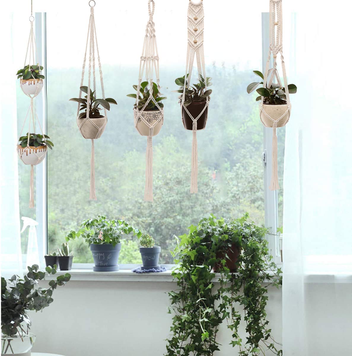 Lynkaye Macrame Plant Hangers Handmade Cotton Rope Flower Pot Holder Boho Theme Indoor Outdoor - Pack of 5 with Ceiling Hooks