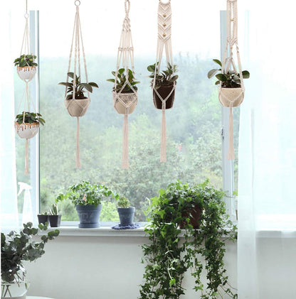 Lynkaye Macrame Plant Hangers Handmade Cotton Rope Flower Pot Holder Boho Theme Indoor Outdoor - Pack of 5 with Ceiling Hooks