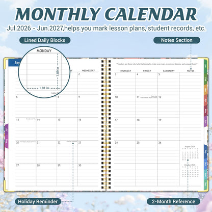 Teacher Planner 2026-2027 Academic Year, Jul.2026 - Jun.2027, 8.5" x 11" Lesson Planner Book for Teachers, Teacher Planners with Colorful Monthly Tabs, Hardcover- Flower Clusters