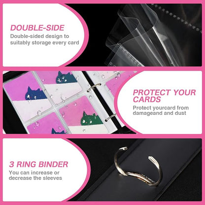 Cute Cat Card Binder, 400 Pocket Card Album for Girls Gifts, Black Cat kitten Trading Game Card Holder Album for Standard Size Cards, Collectible Game Collection Case (Pink)