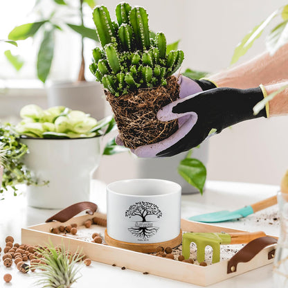 Sieral 6 Pcs Bible Verse Succulent Pots with Drainage 3.15 Inch Mini Mothers Day Christian Planter Accessories with Bamboo Tray for Church Teacher Coworker Gardener Gift, Plants Not Included