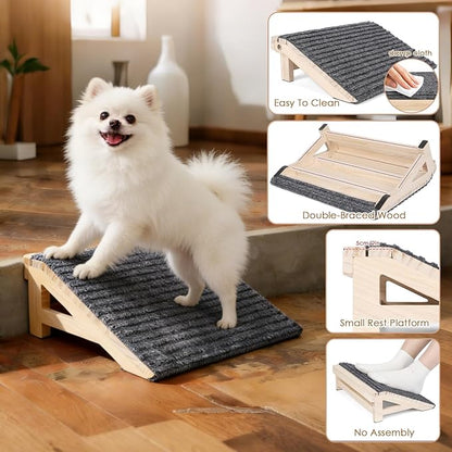 Dog Stairs Ramp for Small & Aged Dogs, Wooden Anti-Slip Pet Steps | 4.2"H, 26° Pet Ramp for Injured Pets, Premium Solid Wood, Anti-Slip Carpet Surface, Joint-Friendly,Dog Stairs for Small Dogs