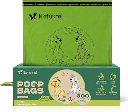 Compostable Dog Poop Bags-300 Bags 1Rolls, Poop Bags for Dogs Made of Cornstarch, Unscented, Ideal for Backyard or Home and Cat Litter Disposal