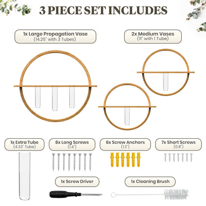 Bohemian Roots Plant Propagation Stations - Set of 3 Bamboo Wall Planters for Indoor Plants with 5 Glass Plant Propagation Tubes | Propagation Vases for Plants | Aesthetic Plant Wall Decor