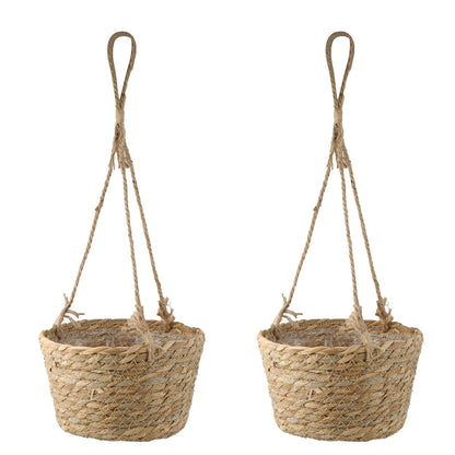 MY MIRONEY 2PCS Hanging Planter Basket Natural Seagrass Woven Plant Pot Hanger Hanging Plant Holder with Twine for Home Decor, Indoor & Outdoor Use, 8.11" x 4.96", Khaki