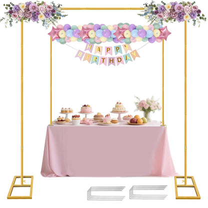JEBUTU Square Backdrop Stand, Wedding Arch Heavy Duty Adjustable Stand, Over The Table Rod Stand with Clamps, Metal Gold Garden Balloon Frame for Baby Shower Party Decoration