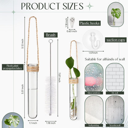 Baderke 9 Pack Clear Window Propagation Stations Plastic Window Planter with Suction Cups & Traceless Nails, Propagated Plant Holders with Bottle Brush, Hanging Vases Terrarium Gift(5")