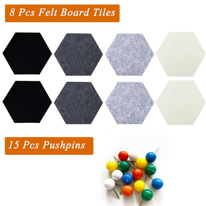 HULAVO 8Pcs Hexagon Felt Cork Board Tiles, Self Adhesive DIY Bulletin Board Pin Board for Office School Home Wall Decor Stickers Memos Photos Display (Gradual Grey)