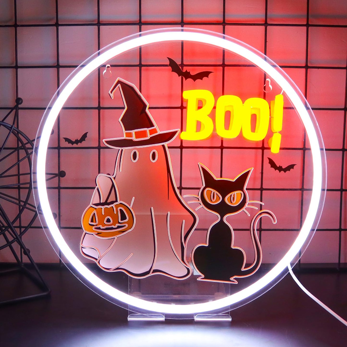 WittyRhE Halloween ghost Neon Sign BOO neon Light Wall Decor for Bedroom Club Party Bar Shop Gift Art for Boys Girls Family-12.2×12.2 IN-USB Powered-Acrylic
