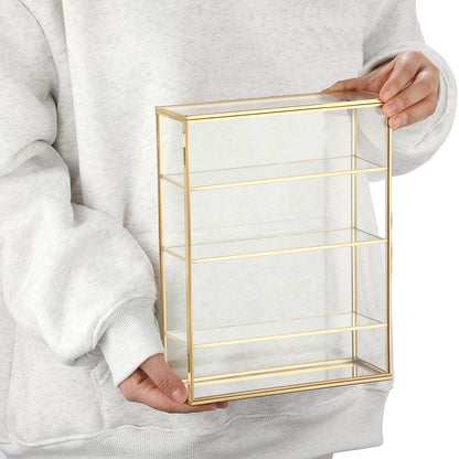JUXYES 4 Tiers Tabletop Brass Glass Rock Display Case with Latch Door, Modern Clear Rocks Display Case Box with Mirror Bottom, Gold Dust Proof Case for Collectible, Mineral Crystal, Stones