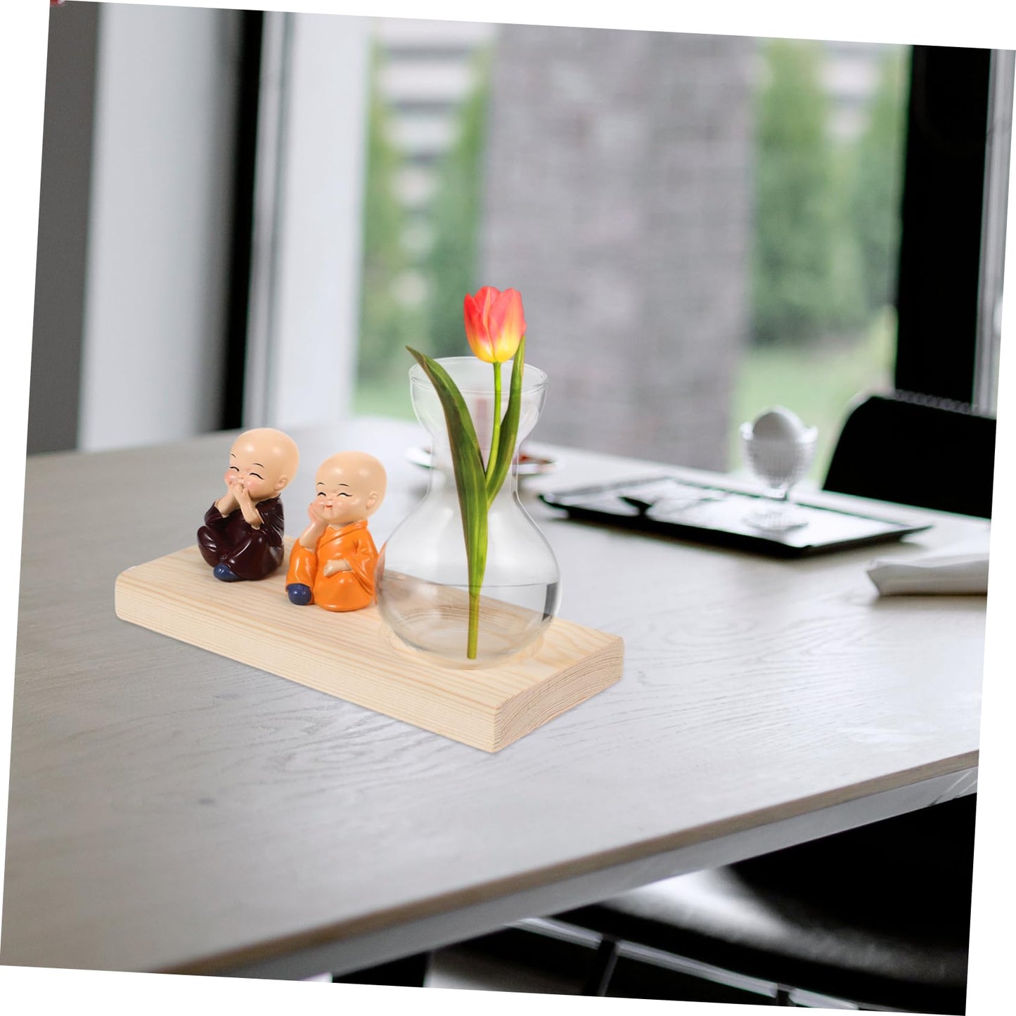 SEWOART Hydroponic Glass Vase with Natural Wood Base for Terrarium Plants Elegant Desktop Decoration for Home Office and Living Spaces