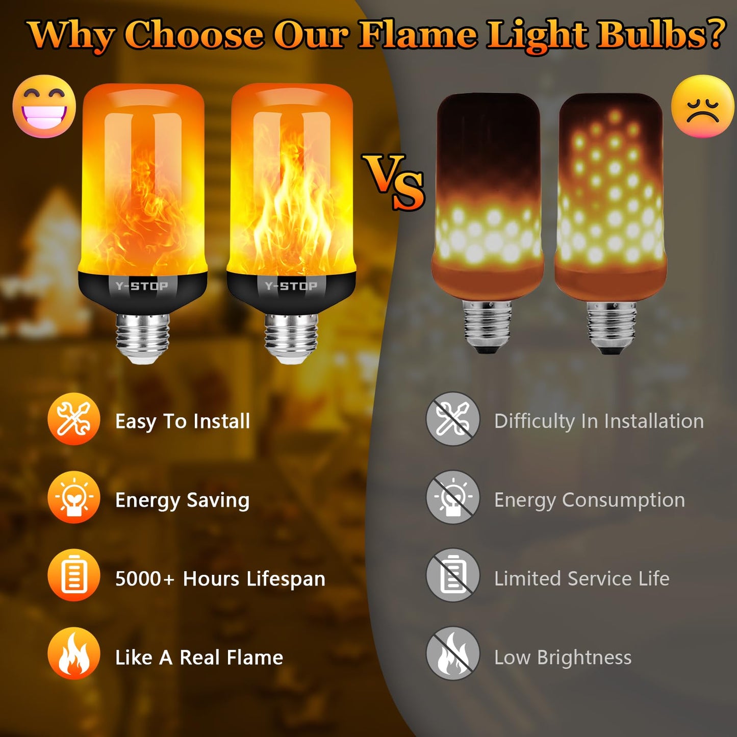 Y- STOP Upgraded LED Flame Light Bulbs, 4 Modes Flickering Light Bulb Outdoor with Upside Down Effect, E26 Base Flame Bulb for Christmas Decorations Outdoor, Halloween Lights, Party Decor (2 Pack)
