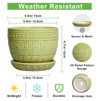 G EPGardening Ceramic Pots for Plants - 5.5 Inch Round Ceramic Planter for Indoor, Boho Succulent Pot with Drainage Hole and Plant Saucer, Gift for Plant Lover, Garden Home Desk Decor, Green