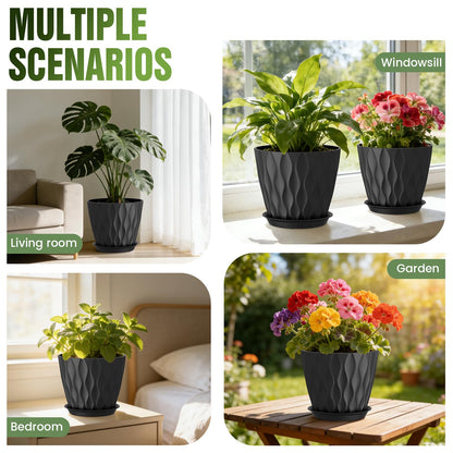 Areutxbis 8 Inch Wave Plant Pots with Drainage Holes & Saucers, 4 Pack Modern Textured Medium Planters for Indoor Outdoor Plants, Decorative Flower Pots Repotting Set for Flowers, Herbs (Black)