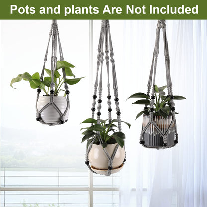 MKO SHUN 3-Pack Macrame Plant Hanger Indoor - Hanging Planter Basket for Indoor Outdoor - Decorative Boho Plant Holders Set with Beads - Ceiling Flower Pot Holder with 6 Hooks - 35"/30"/24" Gray
