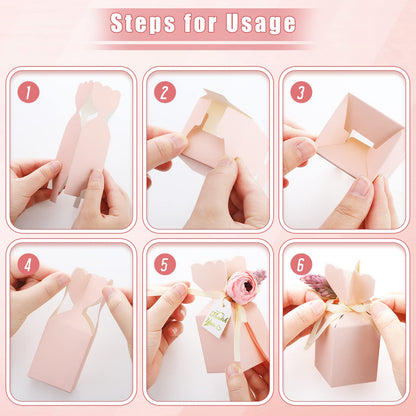 TaoBary 50 Pcs Wedding Favor Boxes Pink Party Favor Box with Ribbon and Flower DIY Chocolate Candy Gift Treat Bags for Engagement Bridal Baby Shower Birthday Anniversary Party Decorations