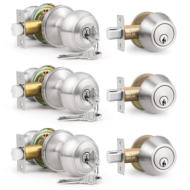 Brotima 3 Pack Keyed Alike Front Door Knob and Deadbolt Set, Entry Door Locksets with Single Cylinder Deadbolt, Satin Nickel Flat Round Door Lock Set for Bedroom/Office/Exterior Doors