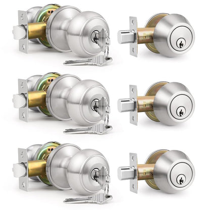 Brotima 3 Pack Keyed Alike Front Door Knob and Deadbolt Set, Entry Door Locksets with Single Cylinder Deadbolt, Satin Nickel Flat Round Door Lock Set for Bedroom/Office/Exterior Doors