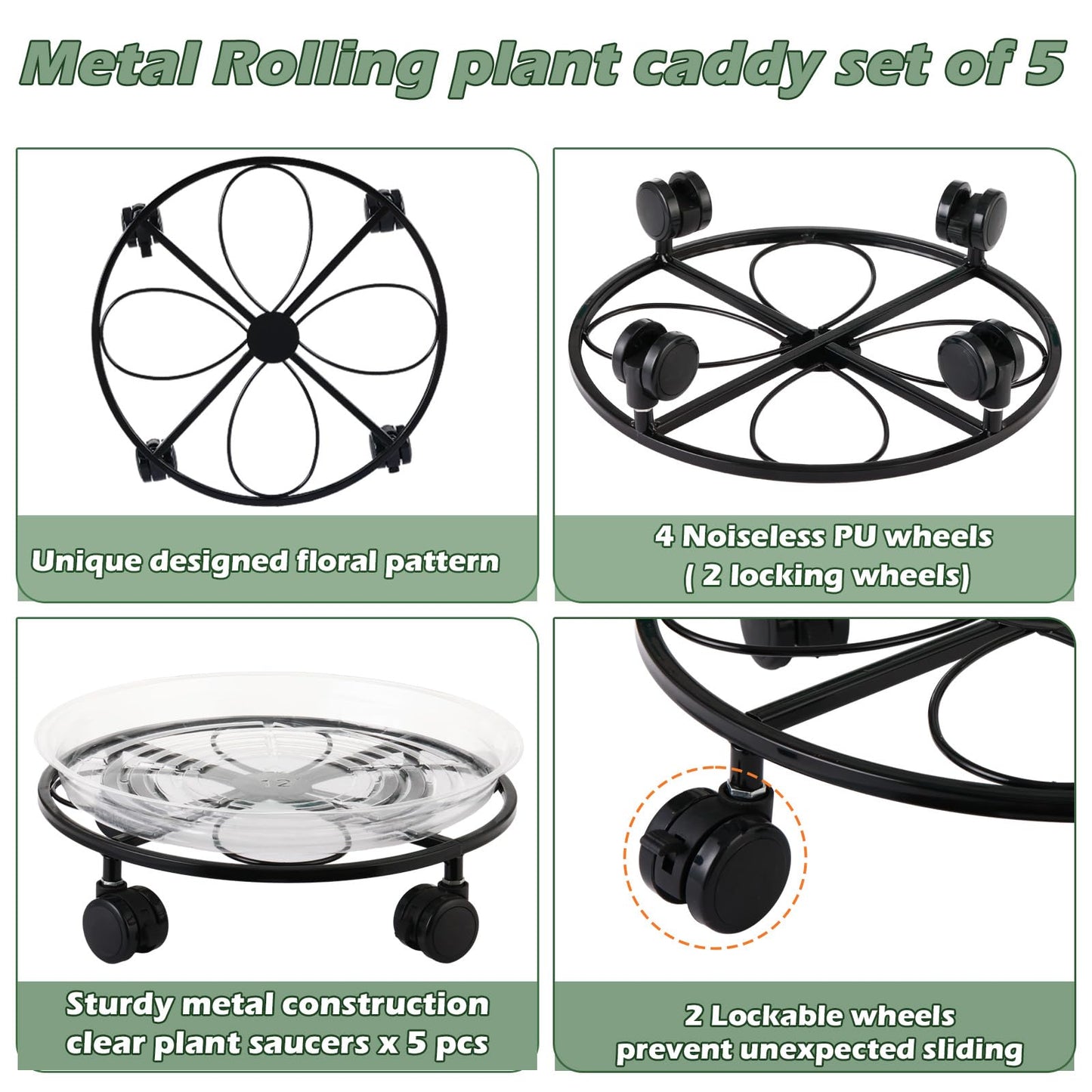 DEELF OUTLET 5 Packs 12 inches Large Metal Plant Caddy with Wheels Round Planter Dolly Pot Mover Rollers Wrought Iron Rolling Plant Stands Indoor Outdoor Wheeled Plant Holder Coaster Trolley, Black