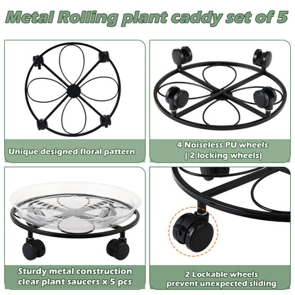 DEELF OUTLET 5 Packs 12 inches Large Metal Plant Caddy with Wheels Round Planter Dolly Pot Mover Rollers Wrought Iron Rolling Plant Stands Indoor Outdoor Wheeled Plant Holder Coaster Trolley, Black