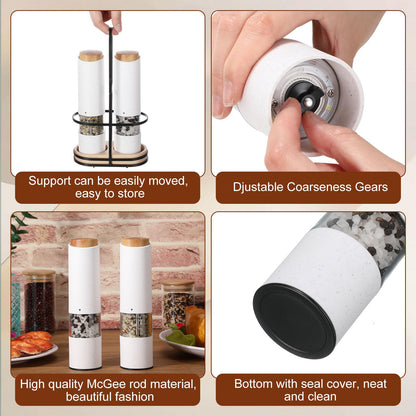Threlaco Electric Salt and Pepper Grinder Set with 1 Portable Spill Proof Base 2 Packs Battery Operated Salt Pepper shakers with Adjustable Coarseness Light Wheat Straw Grinder for Kitchen(White)